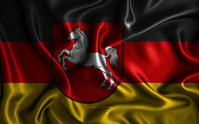 Bandiera della Bassa Sassonia, 4K, bandiere ondulate di seta, Stati tedeschi, bandiere in tessuto, arte 3D, Bassa Sassonia, Stati della Germania, Bandiera 3D della Bassa Sassonia