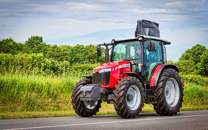 Massey Ferguson 5711 Cab, 4k, road, 2021 tractors, HDR, agricultural machinery, harvest, red tractor, agriculture, Massey Ferguson