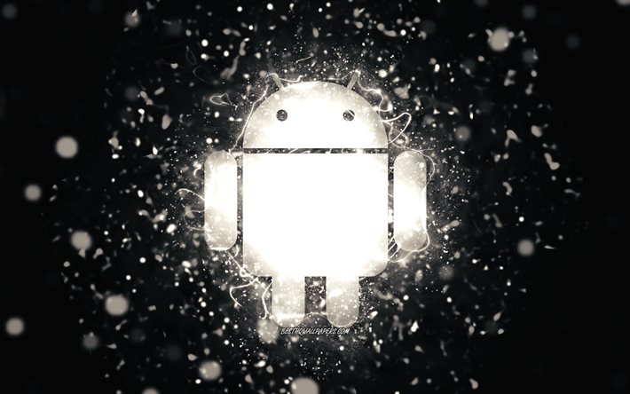Logo bianco Android, 4k, luci al neon bianche, creativo, sfondo astratto nero, logo Android, OS, Android