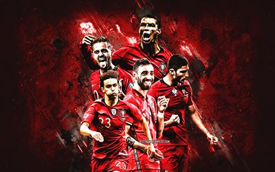 Portugal national football team, red stone background, Portugal, football, Cristiano Ronaldo, Bruno Fernandes, Bernardo Silva, Joao Felix