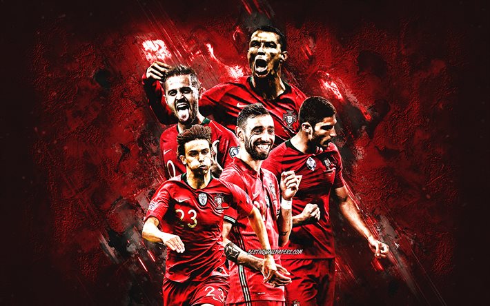ポルトガル代表サッカーチーム, 赤い石の背景, ポルトガル, フットボール。, クリスティアーノ・ロナウド, ブルーノ・フェルナンデス, ベルナルド・シルバ, ジョアンフェリックス