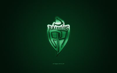 Prince Albert Raiders, Canadian ice hockey team, WHL, green logo, green carbon fiber background, Western Hockey League, ice hockey, Saskatchewan, Canada, Prince Albert Raiders logo