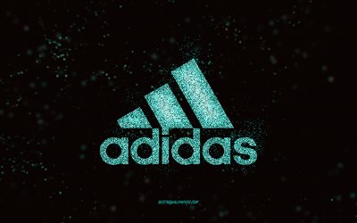Logo glitter Adidas, sfondo nero, logo Adidas, arte glitter turchese, Adidas, arte creativa, logo glitter turchese Adidas