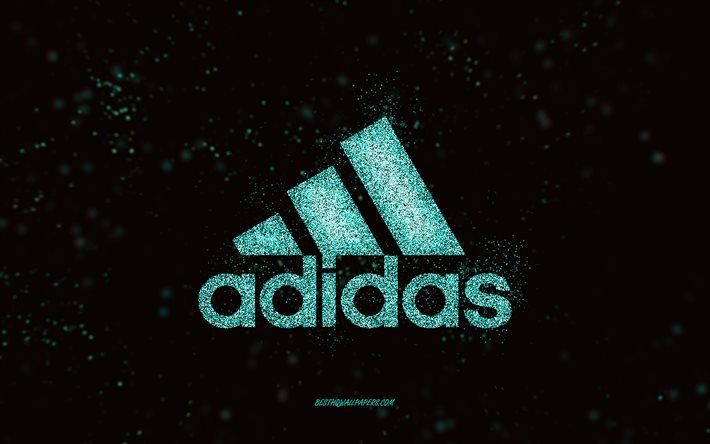 Logotipo com glitter da Adidas, fundo preto, logotipo da Adidas, arte com glitter turquesa, Adidas, arte criativa, logotipo com glitter da Adidas Turquesa