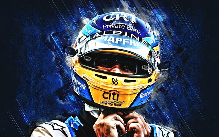 Fernando Alonso, Alpine F1 -tiimi, espanjalainen kuljettaja, Formula 1, Alpine-Renault, Fernando Alonso art, sininen kivi tausta