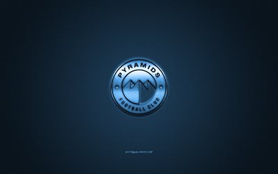 Pyramids FC, club de football &#233;gyptien, logo bleu, fond bleu en fibre de carbone, Premier League &#233;gyptienne, football, Le Caire, Egypte, logo Pyramids FC