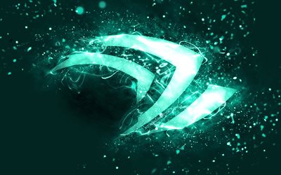 Nvidia turquoise logo, 4k, turquoise neon lights, creative, turquoise abstract background, Nvidia logo, brands, Nvidia