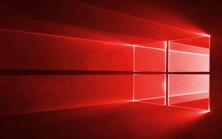 Windows 10, red logo, red background, neon Windows logo, Windows