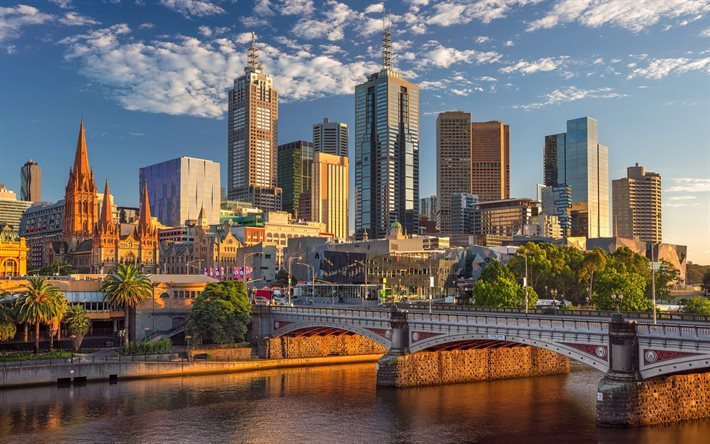 Melbourne, Sunset, skyscrapers, Princes Bridge, Yarra River, Australia