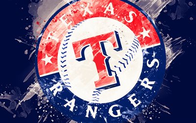 Les Rangers du Texas, 4k, grunge art, logo, American club de baseball, MLB, fond rouge, embl&#232;me, Texas, &#233;tats-unis, de la Ligue Majeure de Baseball, Ligue Am&#233;ricaine, art cr&#233;atif