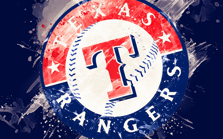 Texas Rangers, 4k, grunge konst, logotyp, Amerikansk baseball club, MLB, r&#246;d bakgrund, emblem, Texas, USA, Major League Baseball, American League, kreativ konst