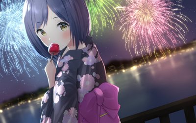 Shizuka Rin, fireworks, manga, Virtual Youtuber, kimono