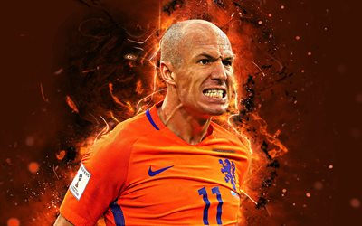 4k, Arjen Robben, 抽象画美術館, オランダ国立チーム, ファンアート, シール, サッカー, サッカー選手, ネオン, オランダサッカーチーム