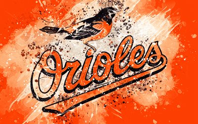 Baltimore Orioles, 4k, grunge art, logo, american baseball club, MLB, orange background, emblem, Baltimore, Meryland, USA, Major League Baseball, American League, creative art