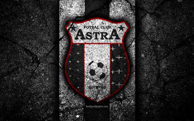 4k, Astra FC, logo, soccer, Romanian Liga I, football, black stone, football club, Romania, Astra, emblem, Romanian league, asphalt texture, FC Astra