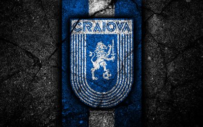 4k, Craiova FC, logo, soccer, Romanian Liga I, football, black stone, football club, Romania, Craiova, emblem, Romanian league, asphalt texture, FC Craiova