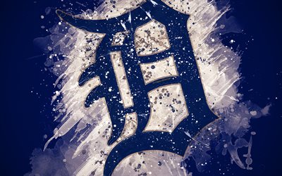 Des Detroit Tigers, 4k, grunge art, logo, american club de baseball, MLB, fond bleu, embl&#232;me, Detroit, Michigan, etats-unis, de la Ligue Majeure de Baseball, Ligue Am&#233;ricaine, art cr&#233;atif