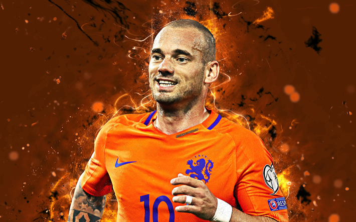 4k, Wesley Sneijder, abstrakti taide, Alankomaiden Maajoukkueen, fan art, Sneijder, jalkapallo, jalkapalloilijat, neon valot, Hollannin jalkapallo joukkue