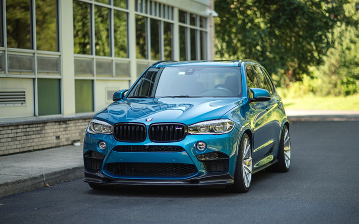 BMW X5M, F85, 2018, sininen MAASTOAUTO, n&#228;kym&#228; edest&#228;, tuning X5, uusi sininen X5, Saksan autoja, BMW