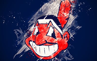 Cleveland Indians, 4k, grunge sanat, logo, Amerikan beyzbol kul&#252;b&#252;, HABERLER, mavi arka plan, amblem, Cleveland, Ohio, ABD, Major League Baseball, Amerikan Ligi, yaratıcı sanat