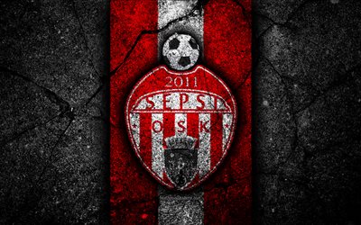 4k, Sepsi FC, logo, soccer, Romanian Liga I, football, black stone, football club, Romania, Sepsi, emblem, Romanian league, asphalt texture, FC Sepsi