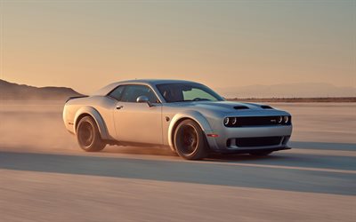 Dodge Challenger SRT Hellcat, 2019, evening, sunset, speed, gray sports coupe, new gray Challenger, front view, american sports cars, Dodge