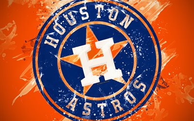 هيوستن أستروس, 4k, الجرونج الفن, شعار, البيسبول الأميركي النادي, MLB, الخلفية البرتقالية, هيوستن, تكساس, الولايات المتحدة الأمريكية, دوري البيسبول, الدوري الأمريكي, الفنون الإبداعية