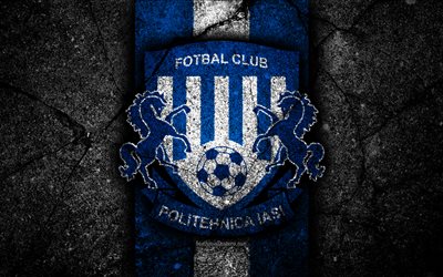 4k, Politehnica Iasi FC, logo, soccer, Romanian Liga I, football, black stone, football club, Romania, Politehnica Iasi, emblem, Romanian league, asphalt texture, FC Politehnica Iasi