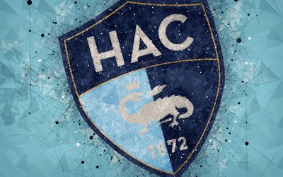 Le Havre FC, 4k, logo, geometric art, French football club, blue abstract background, Ligue 2, Le Havre, France, football, creative art