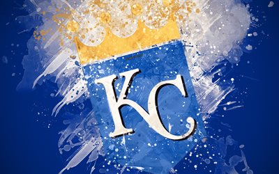 Kansas City Royals, 4k, grunge arte, logo, americana de beisebol clube, MLB, fundo azul, emblema, Kansas City, Missouri, EUA, Major League Baseball, American League, arte criativa