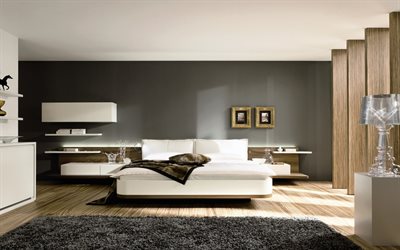 şık geniş yatak odası, modern i&#231; tasarım, beyaz yatak, tasarım, şık i&#231;