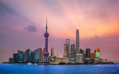 Shanghai, sunset, kv&#228;ll, Oriental Pearl Tower, Shanghai World Financial Center, Shanghai Tower, skyskrapor, Kina