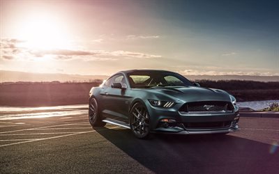 El Ford Mustang GT, aparcamiento, 2018 coches, supercars, gris Mustang, coches americanos, Ford