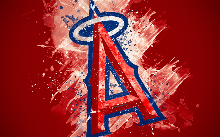لوس انجليس الملائكة, 4k, الجرونج الفن, شعار, البيسبول الأميركي النادي, MLB, خلفية حمراء, Anaheim, كاليفورنيا, الولايات المتحدة الأمريكية, دوري البيسبول, الدوري الأمريكي, الفنون الإبداعية