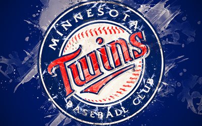 Minnesota Twins, 4k, grunge konst, logotyp, amerikansk baseball club, MLB, bl&#229; bakgrund, emblem, Minnesota, USA, Major League Baseball, American League, kreativ konst
