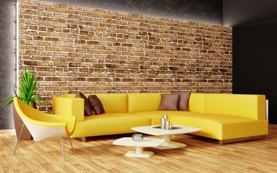 stylish living room, minimalism, modern interior design, loft style, large yellow sofa