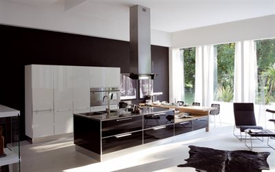 stylish interior design kitchen, black glossy furniture, white black kitchen, modern interior design, high-tech style
