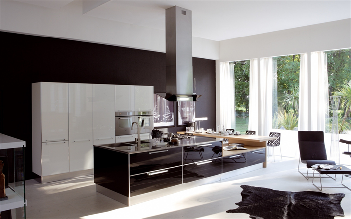 şık i&#231; tasarım mutfak, siyah parlak mobilya, siyah beyaz mutfak, modern i&#231; tasarım, y&#252;ksek teknoloji tarzı