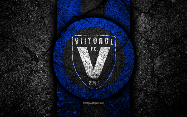 4k, Viitorul FC, logo, soccer, Romanian Liga I, football, black stone, football club, Romania, Viitorul, emblem, Romanian league, asphalt texture, FC Viitorul