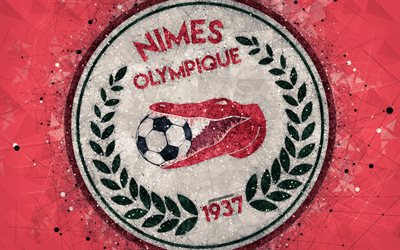 2 Nimes Olympique, 4k, logo, geometrik sanat, Fransız Futbol Kul&#252;b&#252;, kırmızı soyut arka plan, İzle, Nimes, Fransa, futbol, yaratıcı sanat, FC Nimes