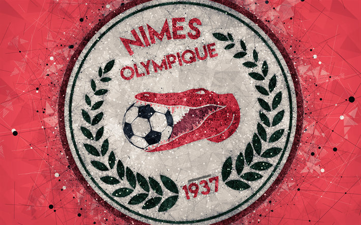 Nimes Olympique, 4k, logotyp, geometriska art, Franska fotbollsklubben, red abstrakt bakgrund, League 2, Nimes, Frankrike, fotboll, kreativ konst, Nimes FC