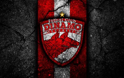 4k, Dinamo B&#252;kreş FC, logo, futbol, Romanya, Lig, siyah taş, Futbol Kul&#252;b&#252;, Dinamo B&#252;kreş, amblemini, Romanya Ligi, asfalt doku, FC Dinamo B&#252;kreş