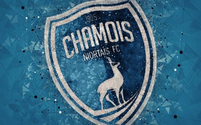 2 Chamois Niortais FC, 4k, logo, geometrik sanat, Fransız Futbol Kul&#252;b&#252;, mavi soyut arka plan, İzle, Niort, Fransa, futbol, yaratıcı sanat
