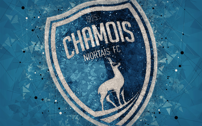 chamois niortais fc, 4k, logo, geometrische kunst, franz&#246;sisch football club, blau abstrakten hintergrund, ligue 2, niort, frankreich, fu&#223;ball, kunst