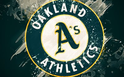 Oakland Athletics, 4k, grunge, arte, logo, american club di baseball, MLB, sfondo verde, emblema, Auckland, California, USA, Major League di Baseball, Lega Americana, arte creativa