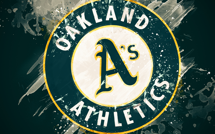 Oakland Athletics, 4k, grunge art, logo, american club de baseball, MLB, fond vert, embl&#232;me, Auckland, Californie, etats-unis, de la Ligue Majeure de Baseball, Ligue Am&#233;ricaine, art cr&#233;atif
