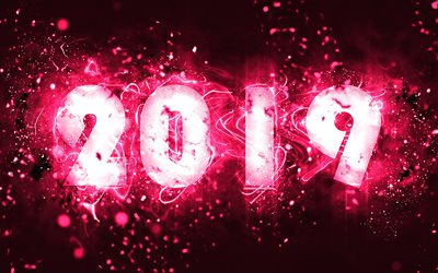 2019 year, neon lights, 4k, abstract art, creative, 2019 concepts, purple background, pink neon, Happy New Year 2019