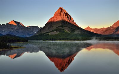 mountain lake, morgon, dimma, stenar, bergslandskapet, soluppg&#229;ng, USA