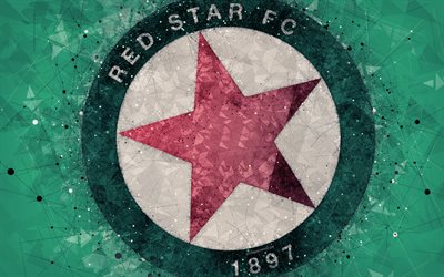 2 Red Star FC, 4k, logo, geometrik sanat, Fransız Futbol Kul&#252;b&#252;, yeşil soyut arka plan, T&#252;rk, Paris, Fransa, futbol, yaratıcı sanat