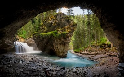 mountain river, forest, cave, grotto, beautiful mountain landscape, USA